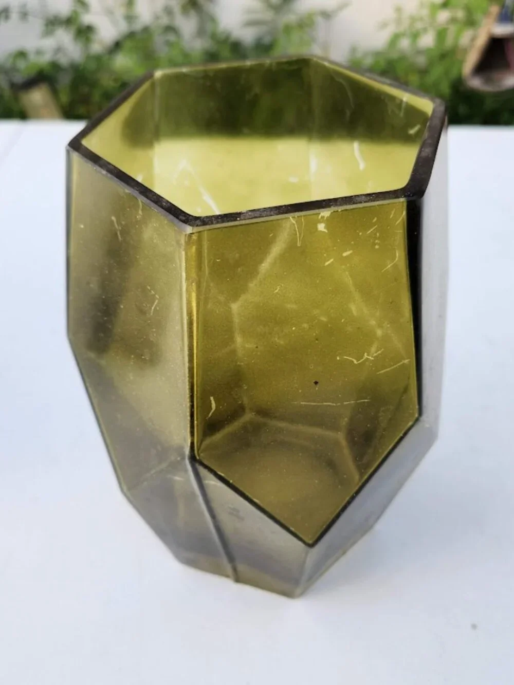 Beautiful Vintage Green Hexagon Vase Terrarium Decor Mid Century Modern Glass Ru